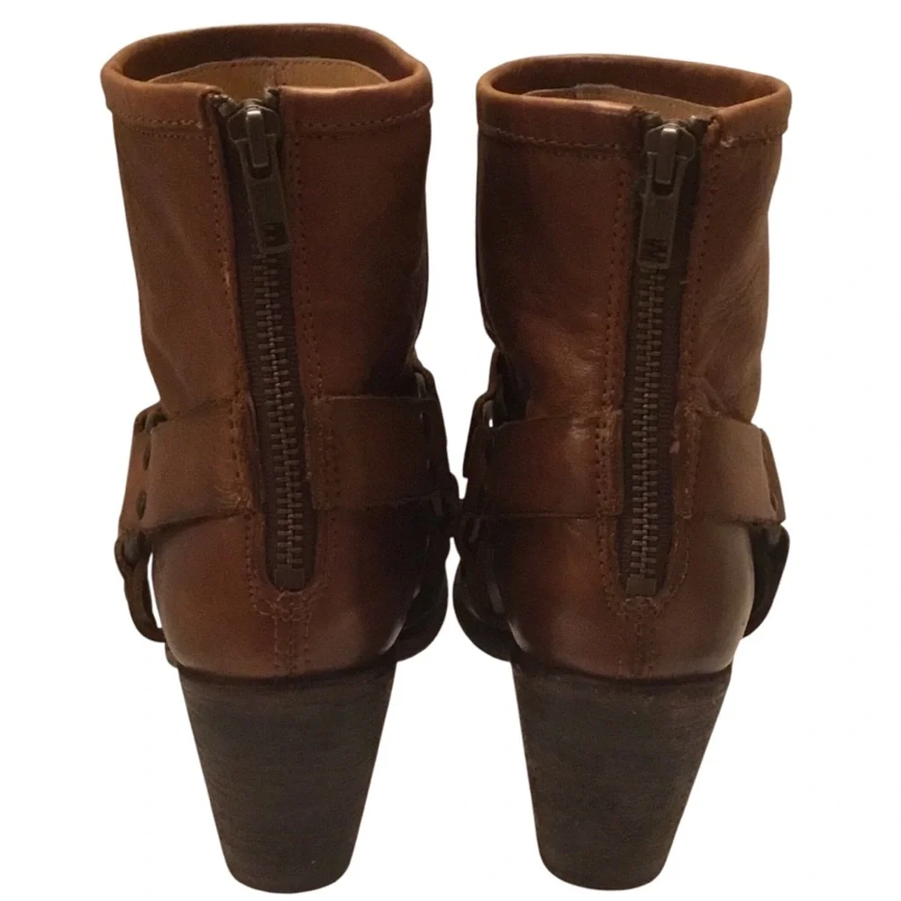 Frye Tabitha Brown Leather Short Ankle Boots Moto Harness Stacked Heel Size-8.5